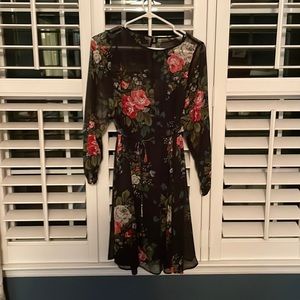 Sheer black floral dress with slip and self tie - never worn